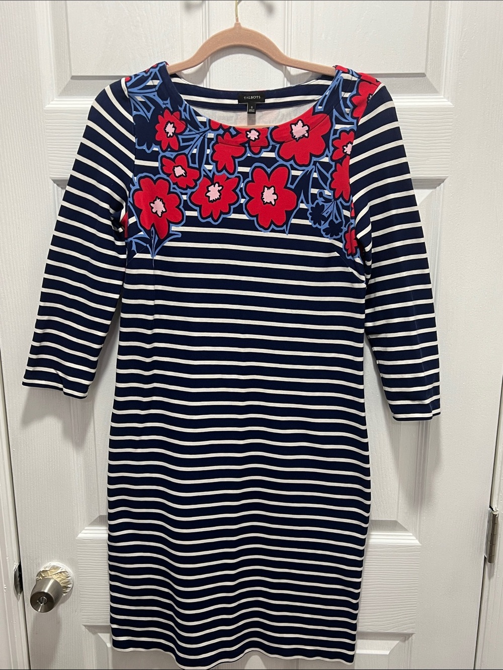 Talbots Navy and White Striped Dress with Red Floral Yoke